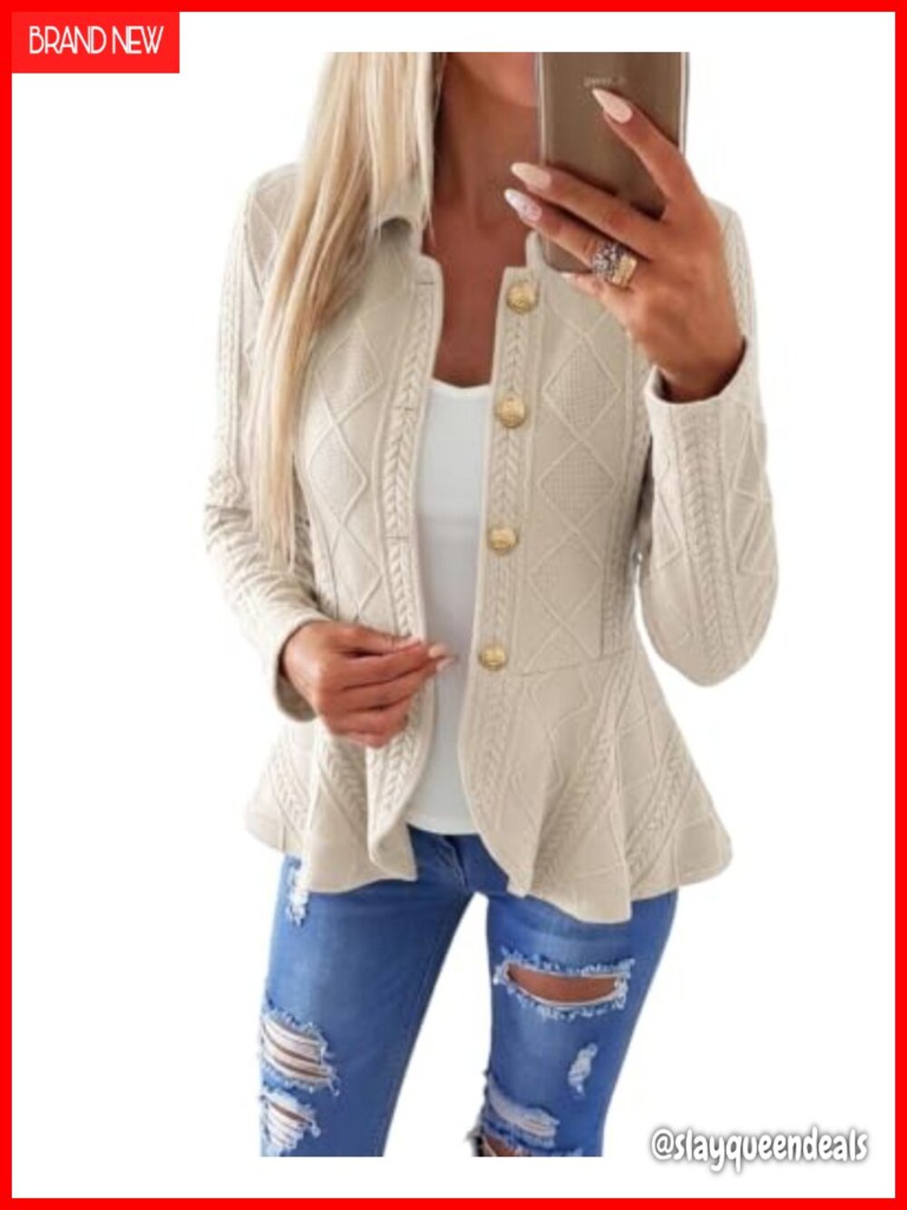 Cable Knit Ruffle Hem Lightweight Cardigan Jacket Button Front